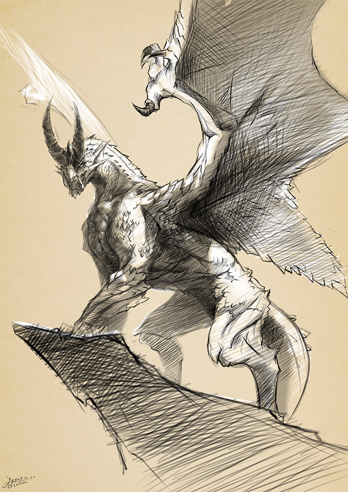 brown_background, claws, crow_aberdeen, dragon, horns, monochrome, monster_hunter, monster_hunter_4