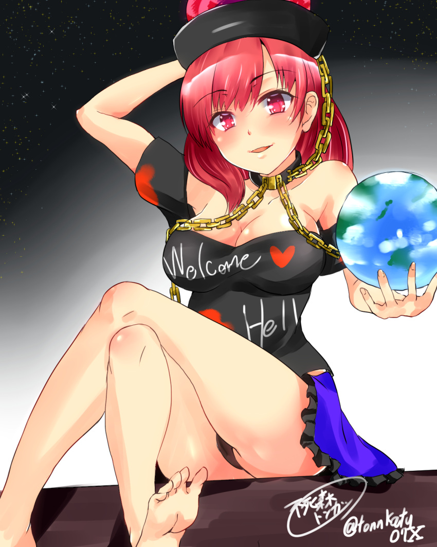 1girl, bare_legs, bare_shoulders, barefoot, breasts, chains, cleavage, clothes_writing