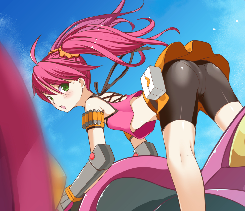 1girl, ahoge, ass, bent_over, bike_shorts, blush, camisole, crop_top