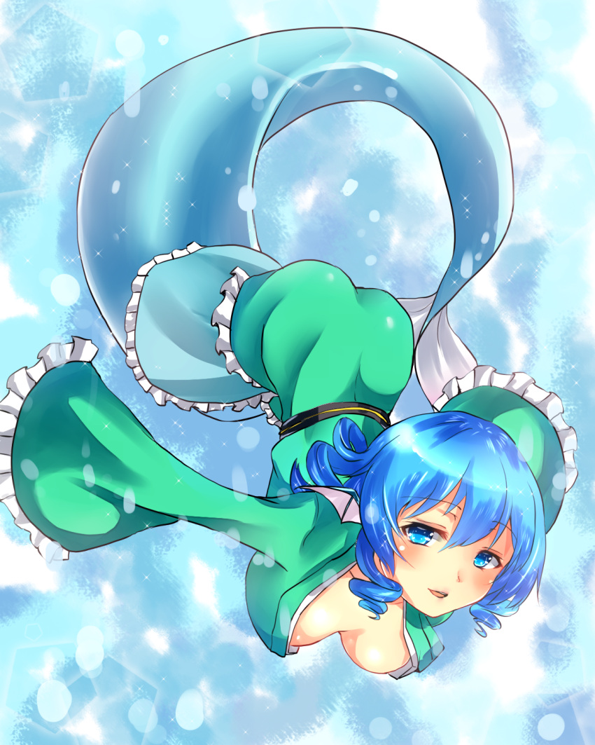 1girl, ass, breasts, curly_hair, fish_tail, floating, floating_breasts, from_behind