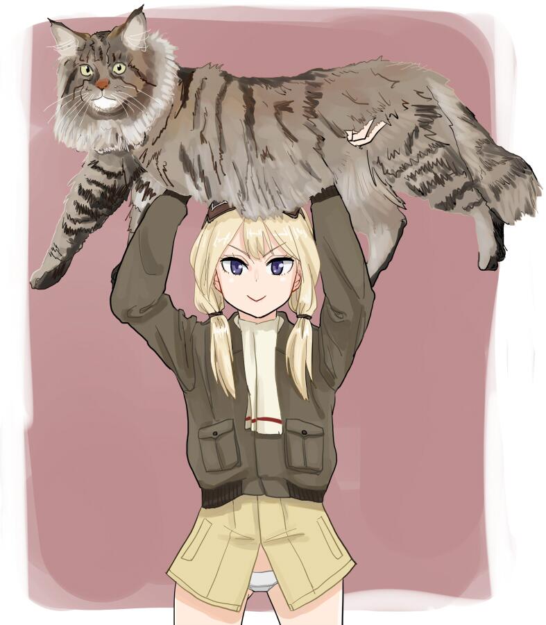 1girl, blonde_hair, carla_j_luksic, cat, nigatsu_(fevrali), pantless, scarf, strike_witches
