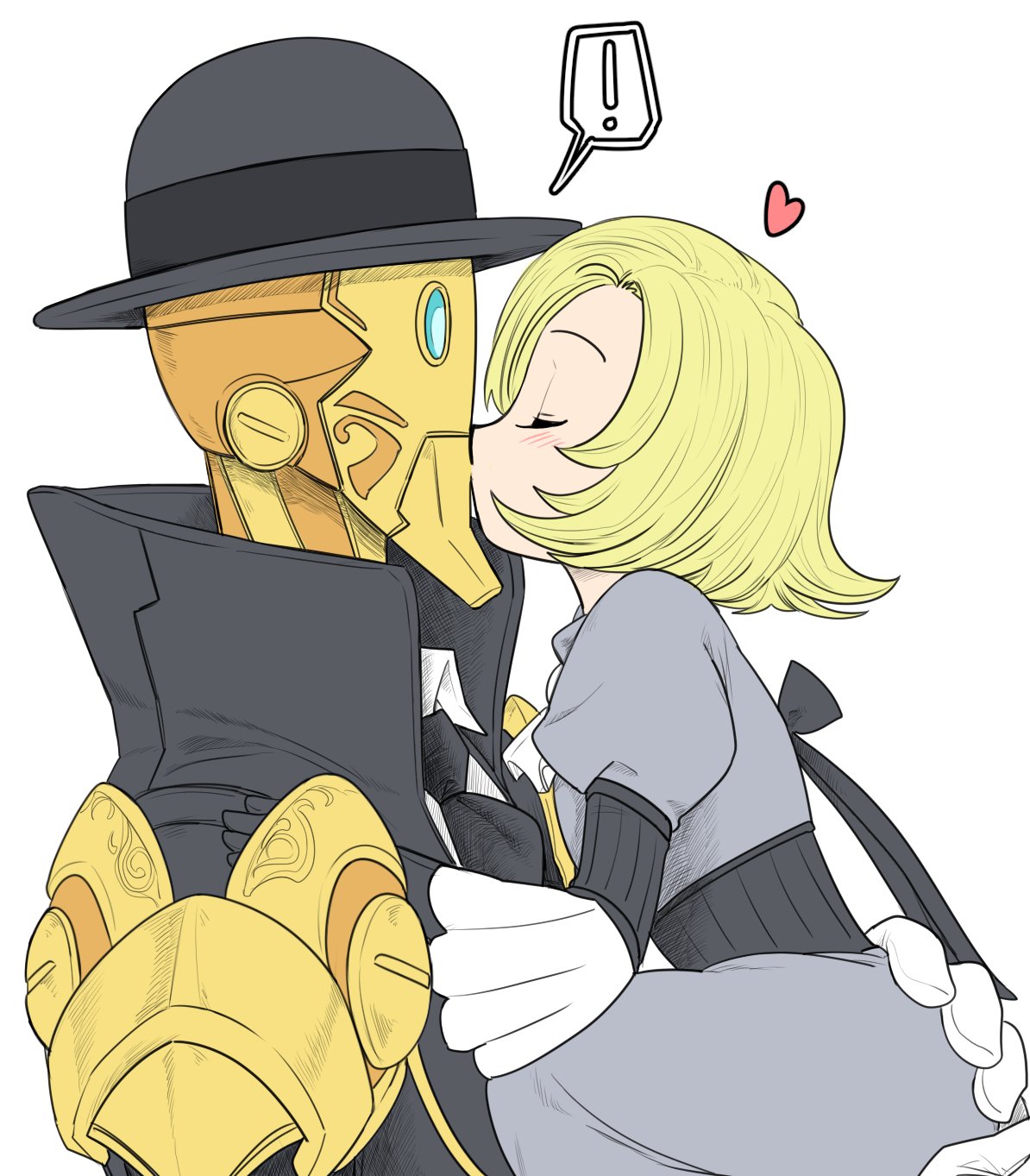 !, 1boy, 1girl, android, atelierssm, battleborn, black_necktie, black_ribbon, blonde_hair, bow, bowler_hat, closed_eyes, commentary_request, dress, dress_shirt, from_side, grey_dress, hat, heart, highres, juliet_sleeves, kiss, korean, lifting_person, long_dress, long_sleeves, marquis_(battleborn), necktie, phoebe_(battleborn), puffy_sleeves, ribbon, robosexual, robot, shirt, short_hair, simple_background, speech_bubble, white_background, white_shirt, wing_collar, younger