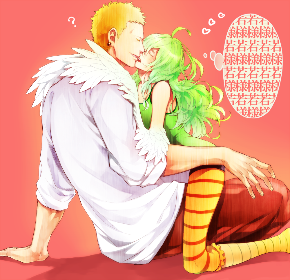 1boy, 1girl, ?, ahoge, bird_legs, blush, closed_eyes, den___r, donquixote_doflamingo, earrings, feathered_wings, green_hair, harpy, heart, hetero, jewelry, kiss, kneeling, long_hair, monet_(one_piece), monster_girl, one_piece, sitting, tank_top, thought_bubble, translated, wavy_hair, wings