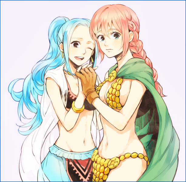2girls, armor, bikini_armor, blue_eyes, blue_hair, bracelet, braid, breasts, brown_eyes, cleavage, den___r, earrings, gloves, hand_holding, jewelry, large_breasts, long_hair, midriff, multiple_girls, navel, necklace, nefertari_vivi, one_eye_closed, one_piece, pink_hair, ponytail, princess, rebecca_(one_piece), sideboob, single_braid