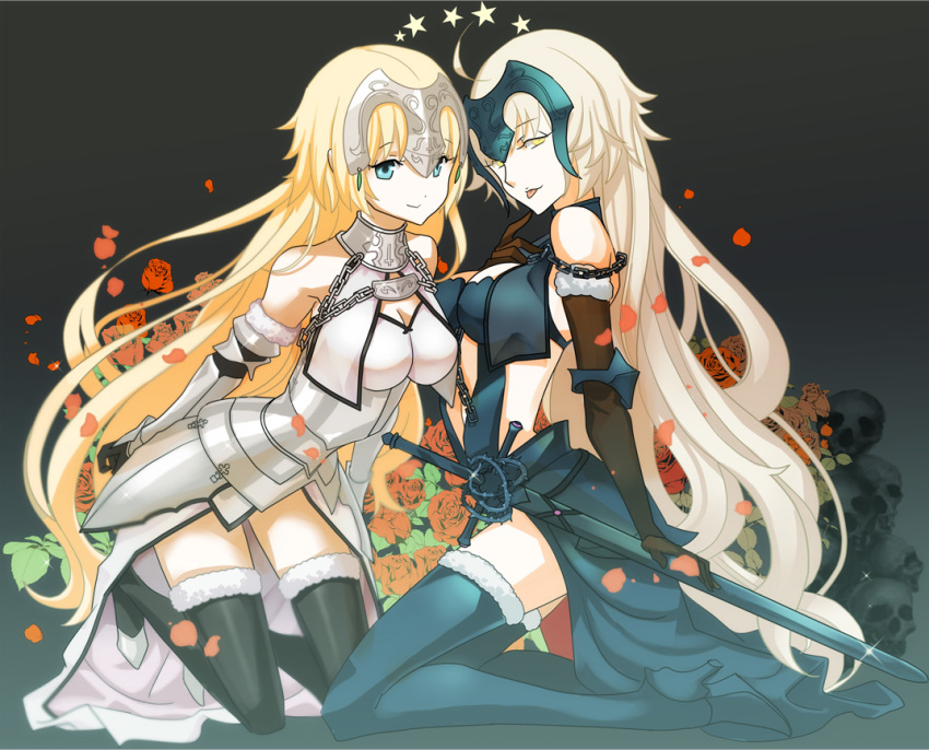 2girls, :p, armor, bare_shoulders, blonde_hair, breasts, cleavage, fate/grand_order