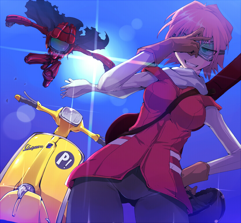 cloak, flcl, gloves, goggles, grin, guitar, guitar_case, haruhara_haruko