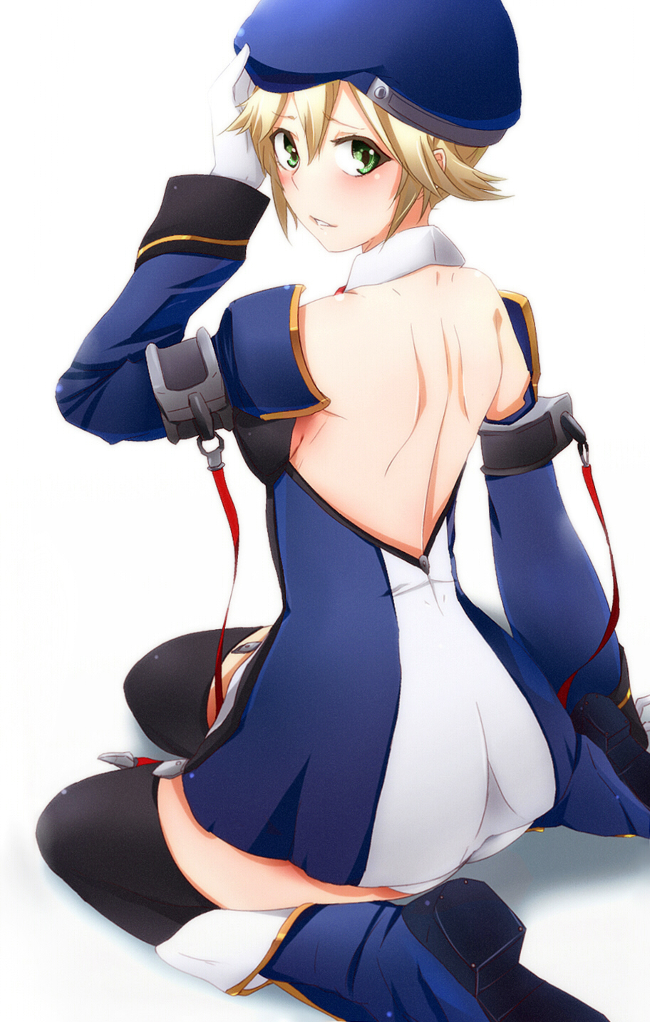 1girl, archibald_(adahalt389zp), back, beret, black_legwear, blazblue, blonde_hair, blush