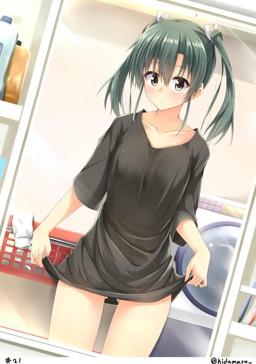 1girl, absurdres, alternate_costume, basket, black_shirt, bottomless, casual, collarbone