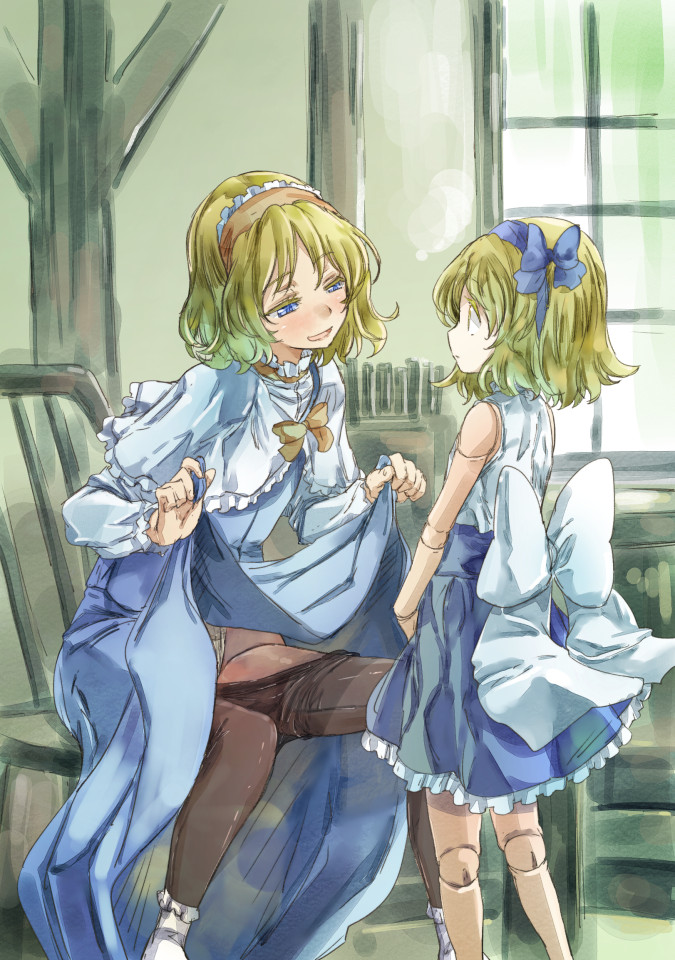 2girls, alice_margatroid, blonde_hair, blue_dress, blue_eyes, bow, capelet, doll_joints, dress, dress_lift, eye_contact, hair_ribbon, hairband, looking_at_another, multiple_girls, open_mouth, pantyhose, pantyhose_pull, ribbon, short_hair, smile, touhou, yellow_eyes, yohane