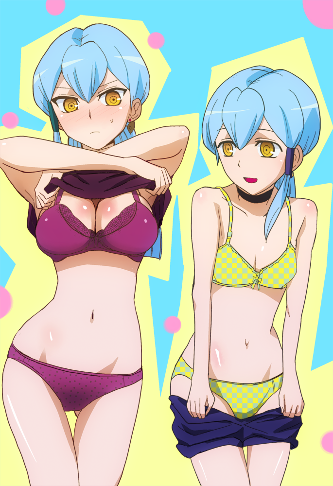 2girls, blue_hair, blush, bow, bow_bra, bra, breasts, cardfight!!_vanguard