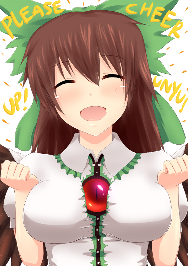 1girl, blush, bow, breasts, brown_hair, cape, english, hair_bow