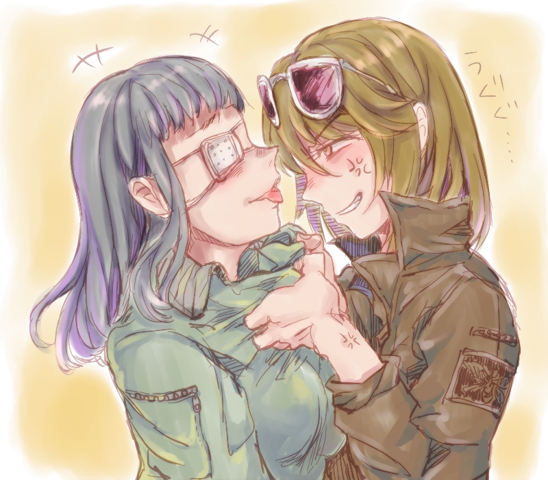2girls, anger_vein, black_hair, bomber_jacket, breasts, brown_eyes, brown_hair, clothes_grab
