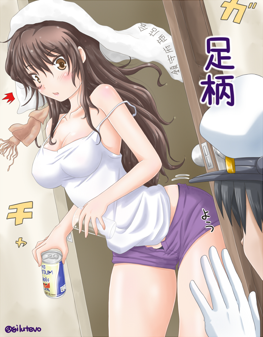 1boy, 1girl, admiral_(kantai_collection), alternate_costume, ashigara_(kantai_collection), bare_shoulders, black_hair, breasts