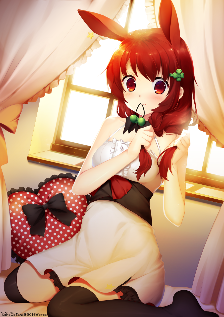 1girl, 2016, :3, adjusting_hair, animal_ears, artist_name, backlighting, bare_shoulders