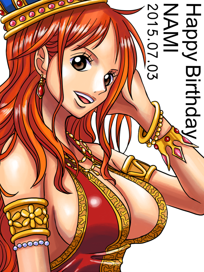 1girl, :d, adjusting_hair, armlet, bracelet, breasts, brown_eyes, character_name
