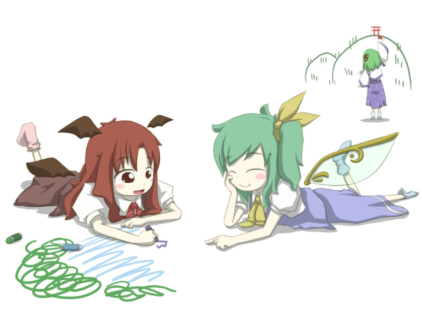 3girls, :d, ^_^, arm_up, bat_wings, blush_stickers, bow, chibi