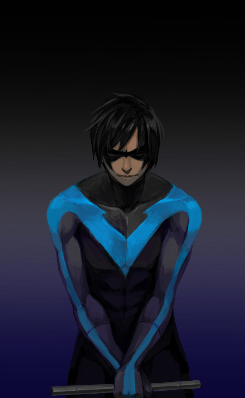 1boy, batman_(series), black_hair, bodysuit, closed_eyes, dc_comics, dick_grayson, domino_mask