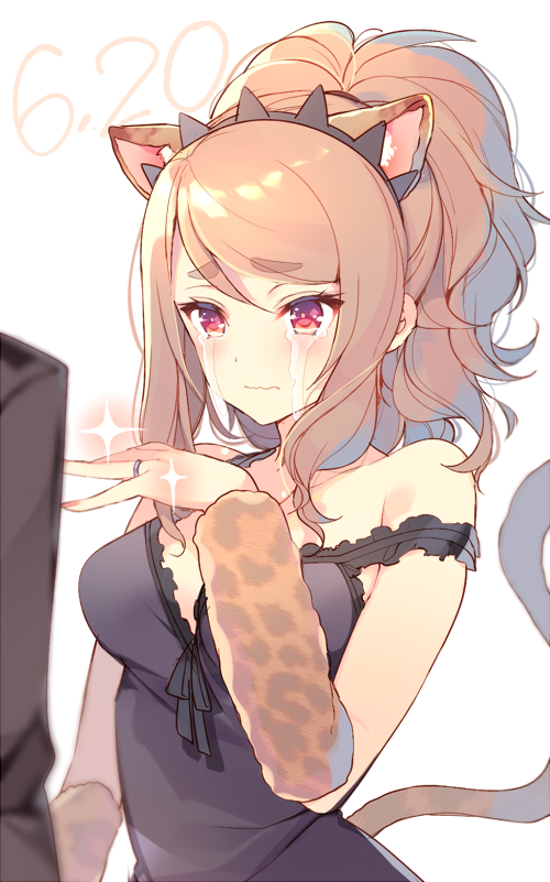 1girl, animal_ears, arm_warmers, bangs, bare_shoulders, black_dress, breasts, brown_hair