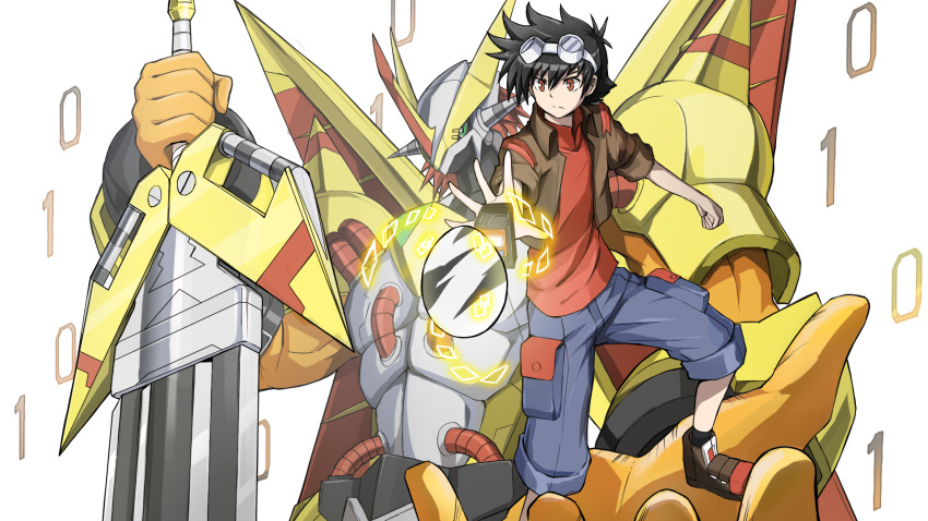 2boys, armor, artificial_wings, black_hair, blue_shorts, brown_eyes, digimon, digimon_next, digitama, digivice, dk_(13855103534), dragon, gem, goggles, goggles_on_head, green_eyes, helmet, highres, horn, horned_headwear, horned_helmet, huge_weapon, jacket, monster, multiple_boys, red_shirt, redhead, serious, shirt, shorts, shoulder_armor, shoulder_spikes, spikes, sword, tatsuno_tsurugi, victorygreymon, weapon, wings