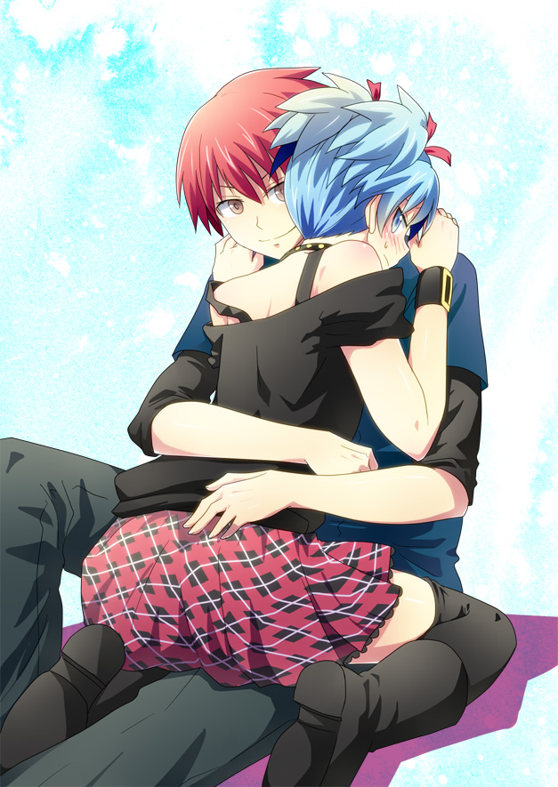 2boys, akabane_karma, androgynous, ansatsu_kyoushitsu, artist_request, blue_eyes, blue_hair, blush