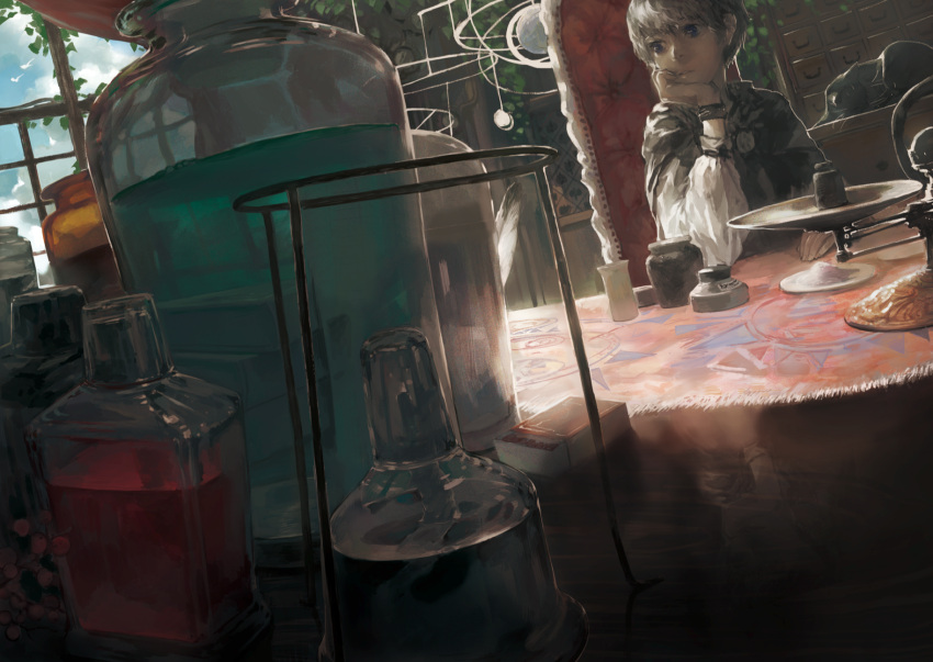 arm_support, black_cat, blue_eyes, bottle, cape, cat, chair, clouds