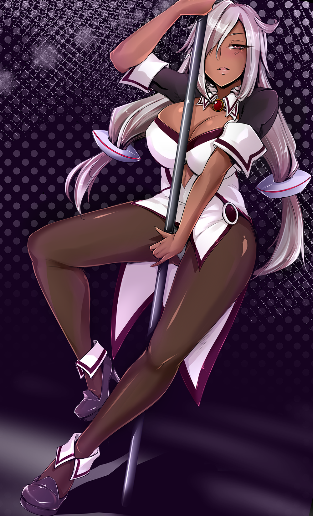1girl, ankle_cuffs, breasts, brown_legwear, cleavage, cleavage_cutout, dark_skin, hacka_doll
