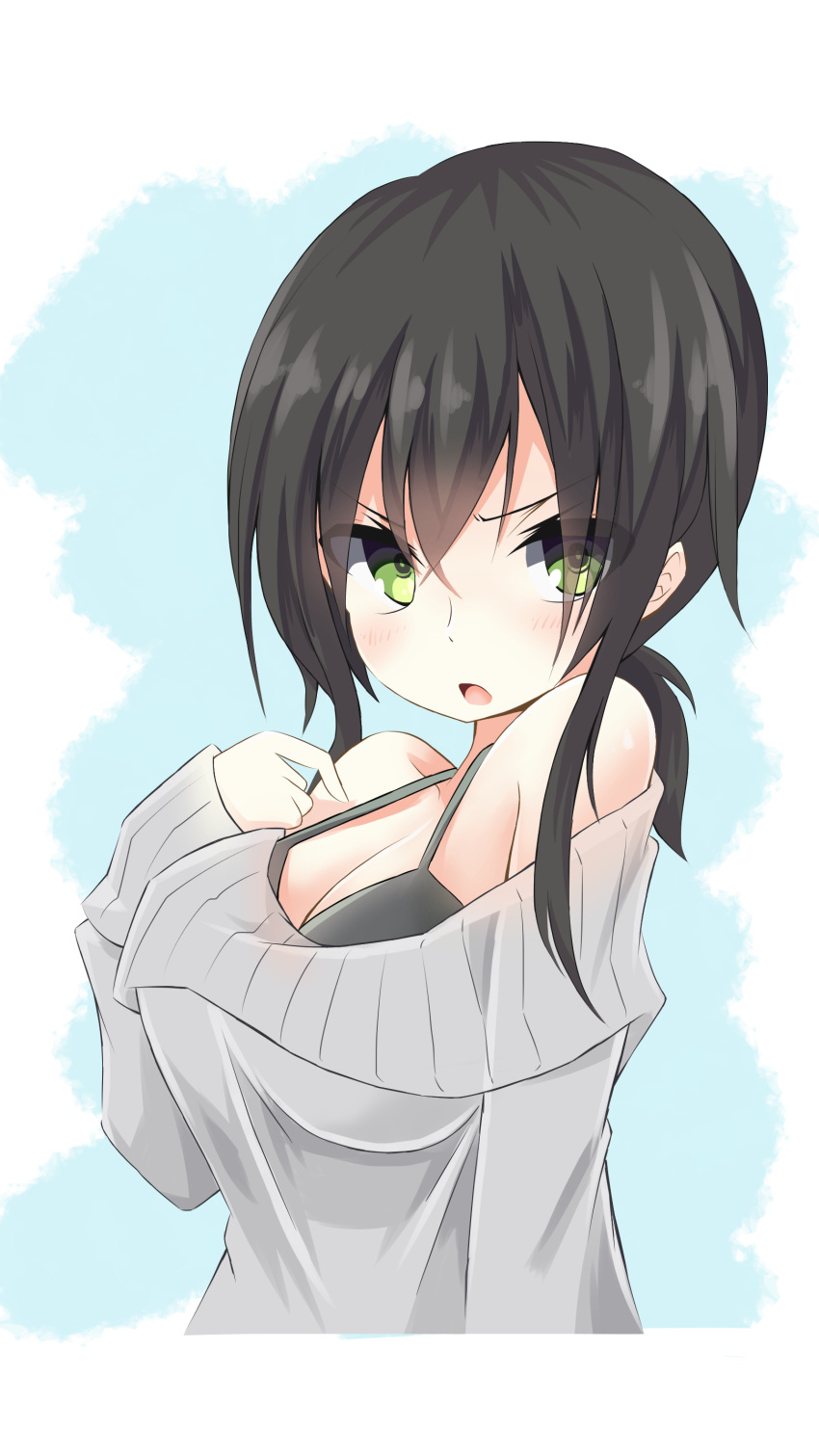 1girl, absurdres, alternate_costume, bare_shoulders, black_bra, black_hair, bra, breasts, cleavage, eyebrows, eyebrows_visible_through_hair, fubuki_(kantai_collection), green_eyes, highres, kantai_collection, large_breasts, long_sleeves, looking_at_viewer, low_ponytail, open_mouth, ribbed_sweater, sakakiba_misogi, short_ponytail, simple_background, solo, sweater, tsurime, underwear, upper_body