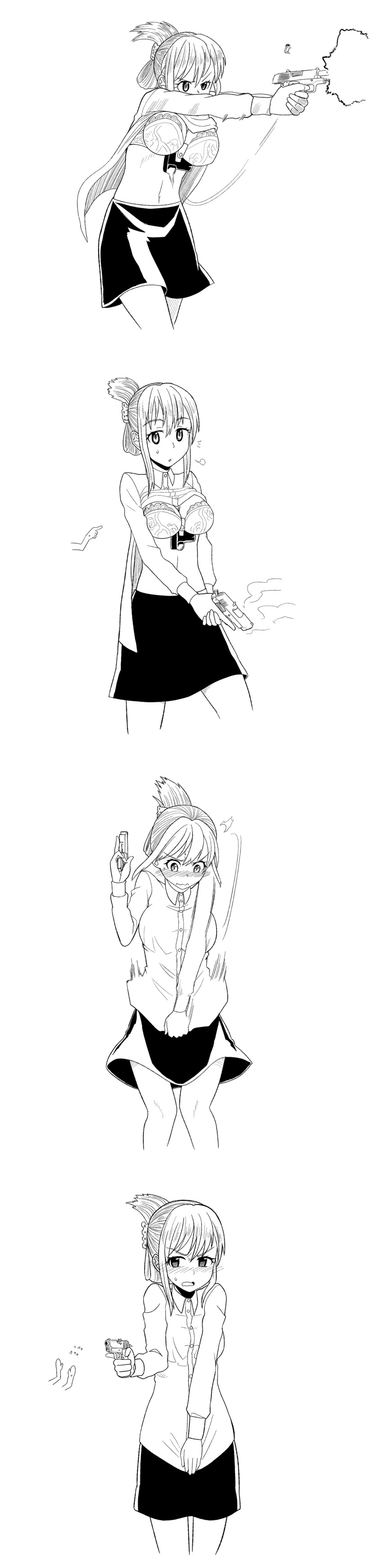 >:o, 1girl, :o, blouse, blush, bra, breasts, clothes_lift