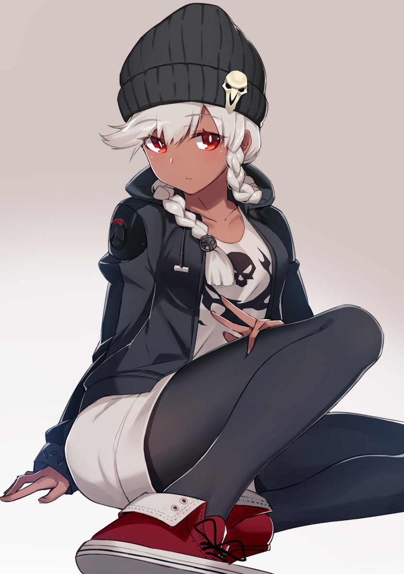 1girl, black_legwear, blush, braid, contemporary, dark_skin, genderswap, genderswap_(mtf), hood, hooded_jacket, ishitsu_kenzou, jacket, legwear_under_shorts, looking_at_viewer, overwatch, pantyhose, reaper_(overwatch), red_eyes, shorts, sitting, solo, twin_braids, white_hair