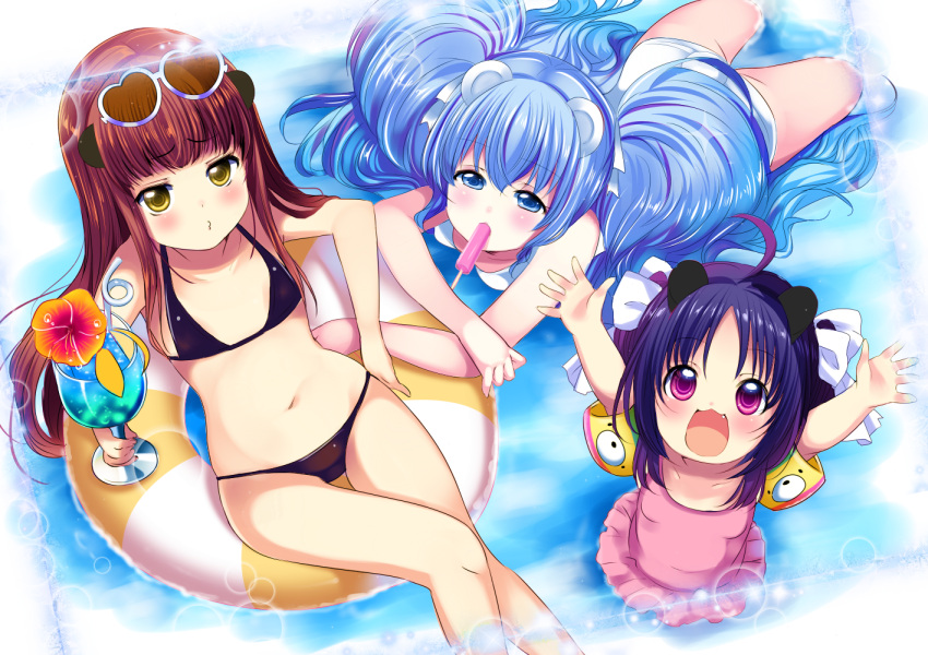 3girls, :3, ahoge, animal_ears, arms_up, ass, bikini, black_bikini