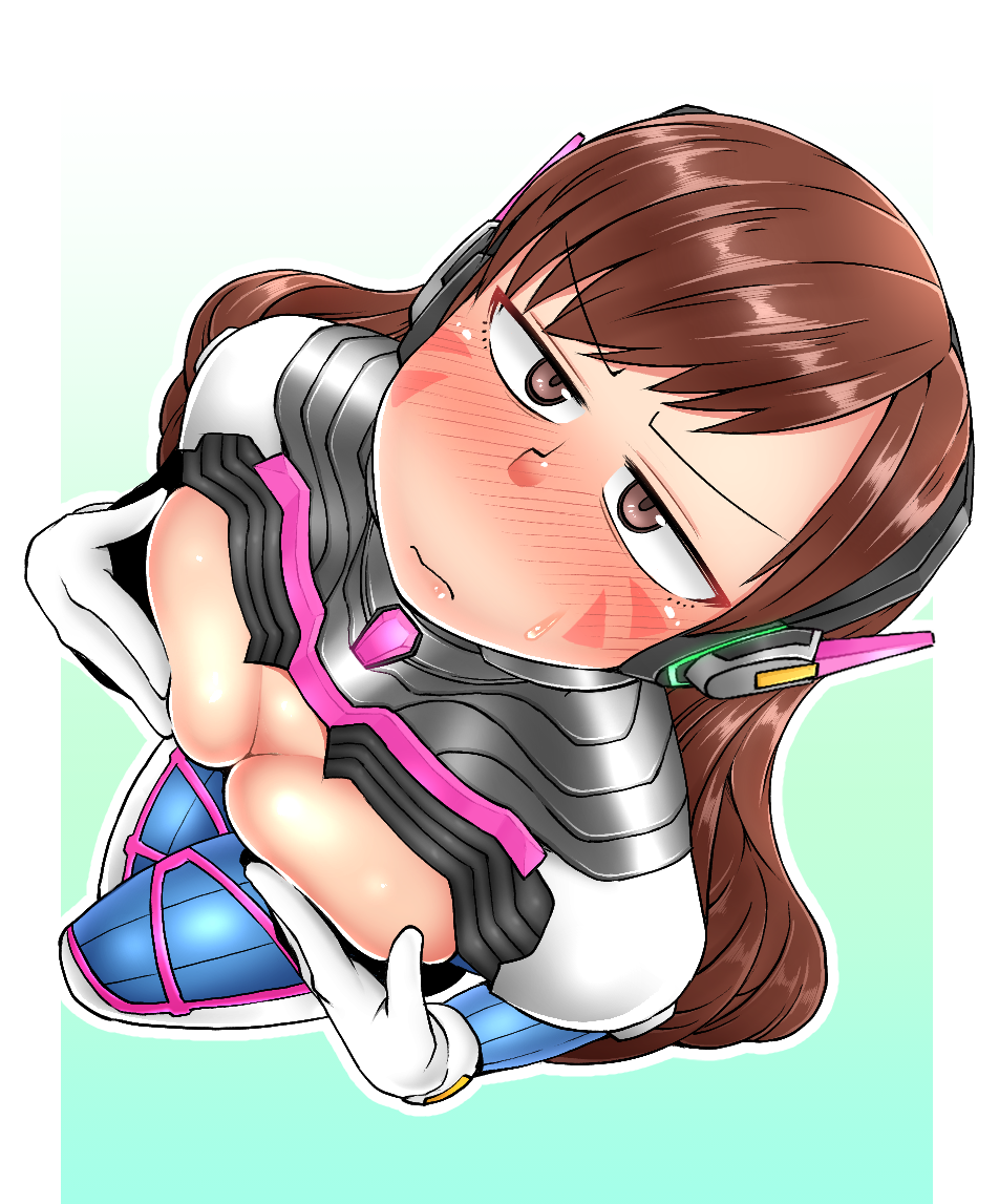 1girl, bangs, blush, bodysuit, breast_press, breasts, breasts_outside, brown_eyes