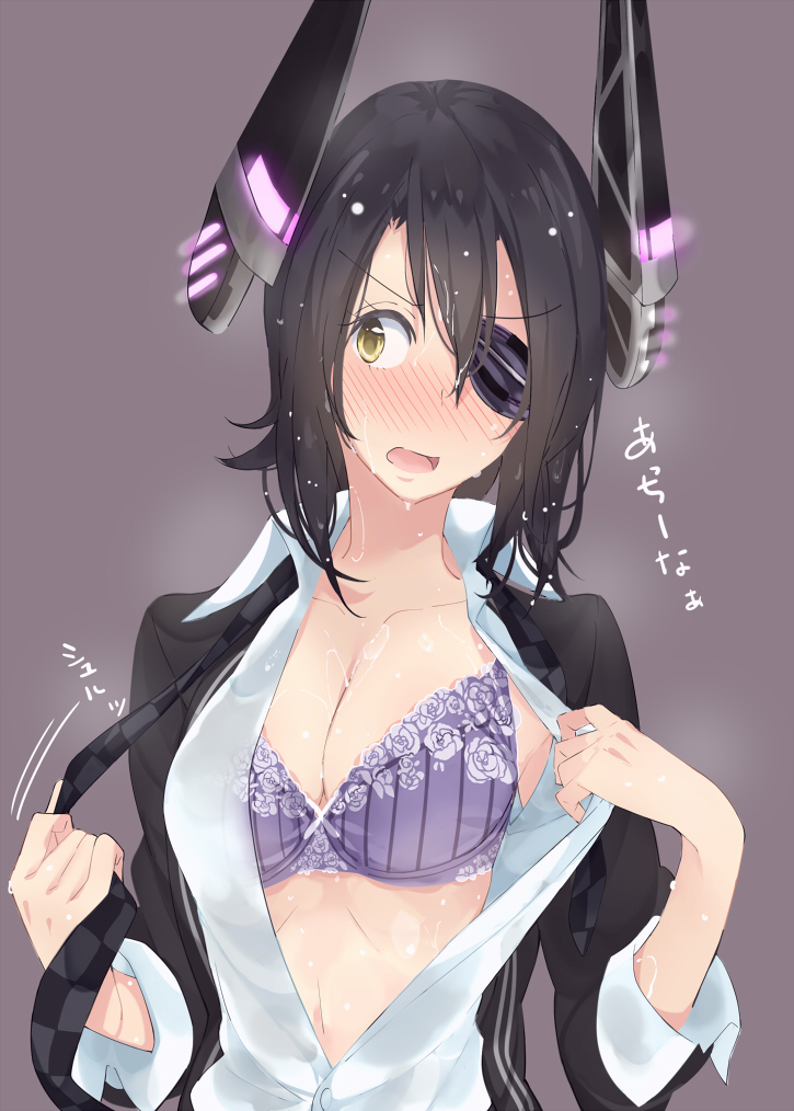 1girl, amayu, blush, bra, breasts, cleavage, eyepatch, headgear, hot, kantai_collection, necktie, open_clothes, open_shirt, purple_bra, purple_hair, shirt, short_hair, solo, sweat, sweating, sweating_profusely, tenryuu_(kantai_collection), underwear, undressing, yellow_eyes
