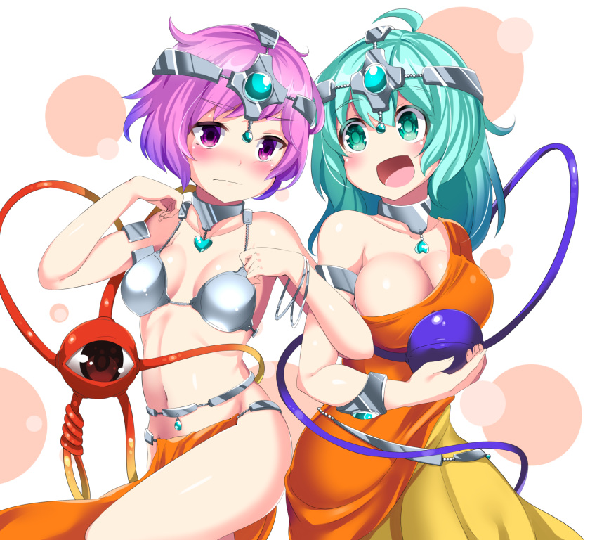 2girls, :d, alternate_costume, armlet, bare_shoulders, blush, breasts, choker