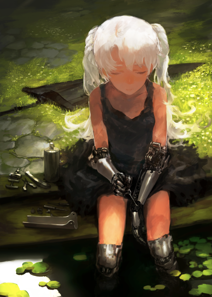 1girl, bangs, black_dress, bottle, breasts, clamp_(tool), closed_eyes, closed_mouth