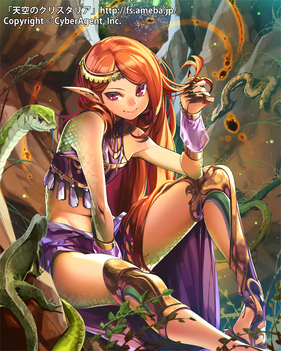 1girl, bare_shoulders, crop_top, detached_sleeves, iguana, knee_pads, lizard_girl, long_hair, looking_at_viewer, midriff, official_art, orange_hair, original, pointy_ears, pop_kyun, scales, sitting, skirt, slit_pupils, smile, snake, solo, tenkuu_no_crystalia, very_long_hair, violet_eyes