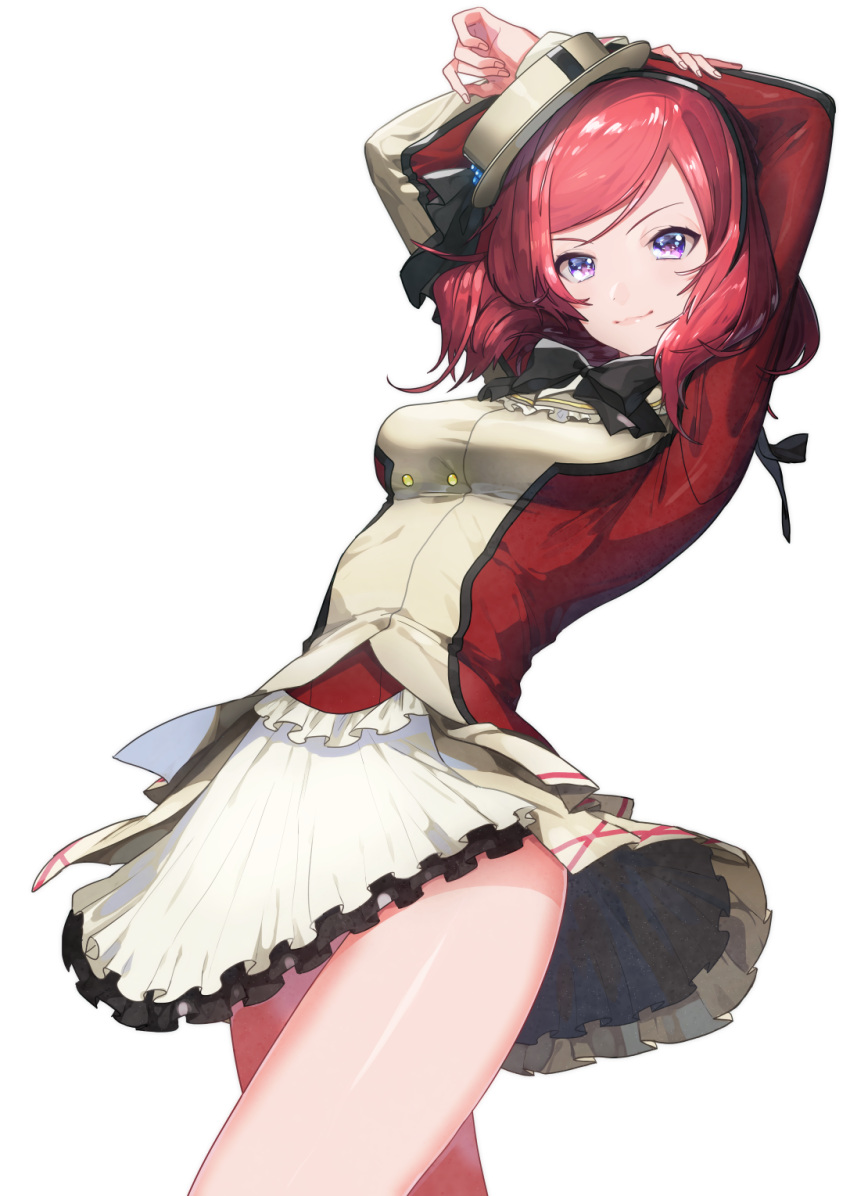 1girl, arms_up, bangs, black_bow, black_bowtie, bow, bowtie, breasts