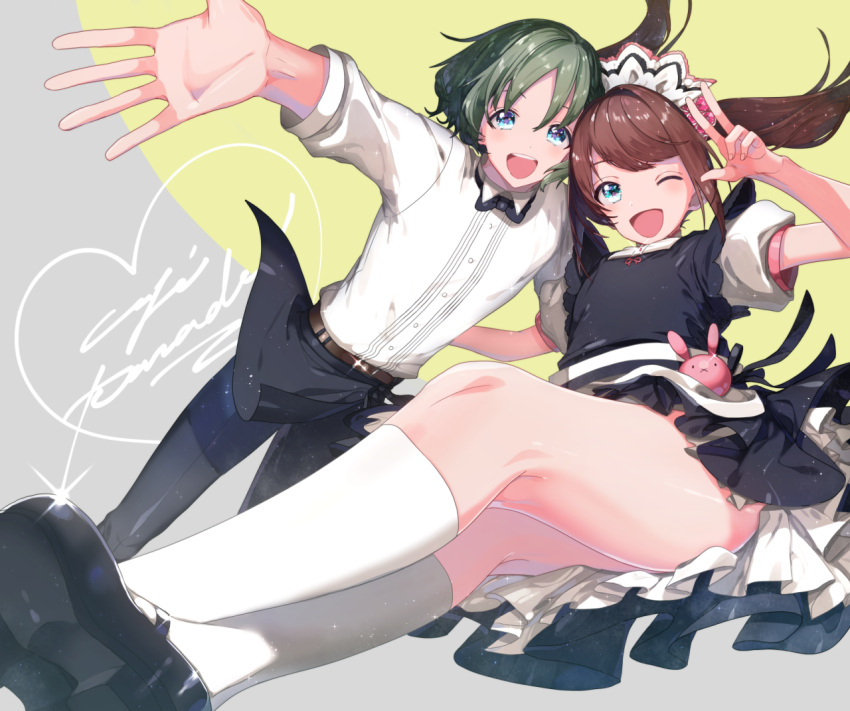 1boy, 1girl, ;d, arm_up, bare_legs, belt, black_bow, black_bowtie