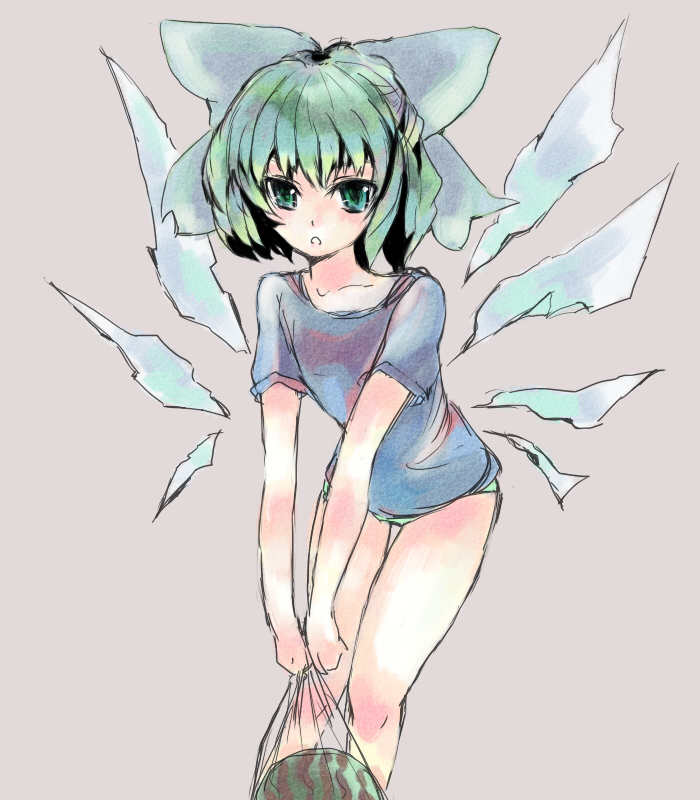 bad_id, casual, cirno, food, fruit, green_eyes, hair_ribbon, hey