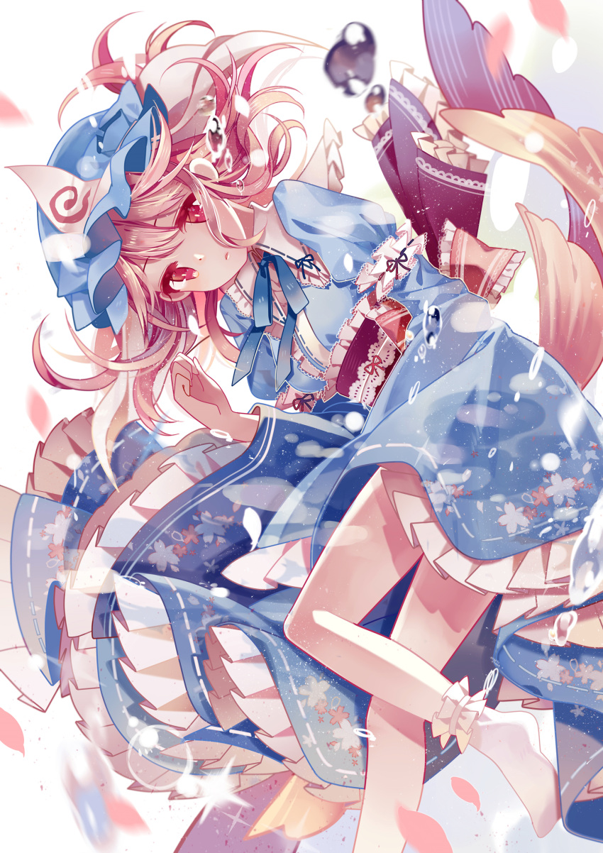 1girl, blue_dress, bubble, dress, floral_print, hat, highres, kuromomo