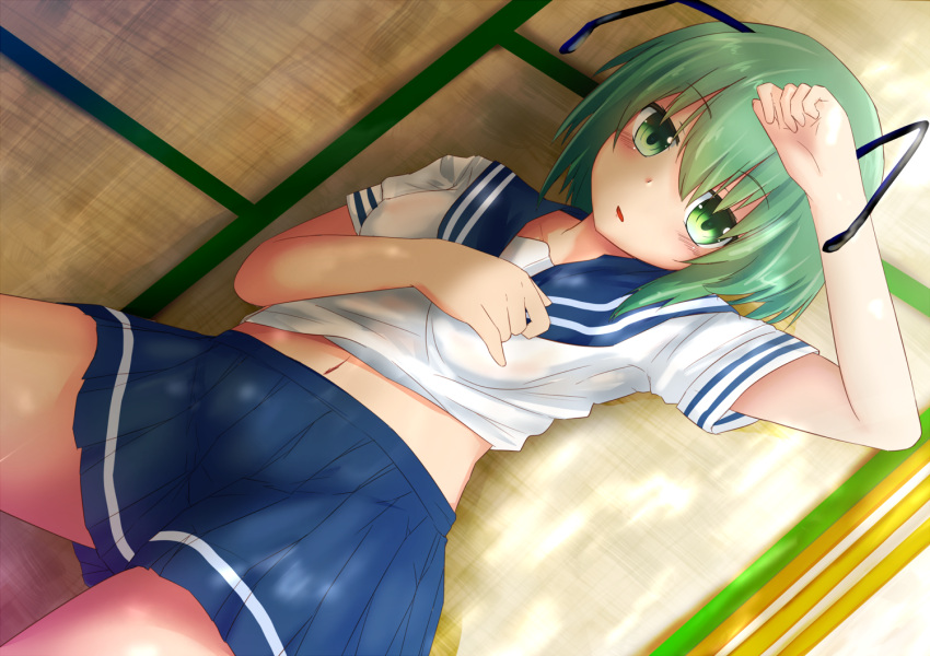 1girl, alternate_costume, antennae, arm_up, biburu, blush, dutch_angle, green_eyes, green_hair, looking_at_viewer, lying, midriff, navel, on_back, on_floor, open_mouth, school_uniform, shirt, short_hair, short_sleeves, skirt, solo, touhou, wriggle_nightbug