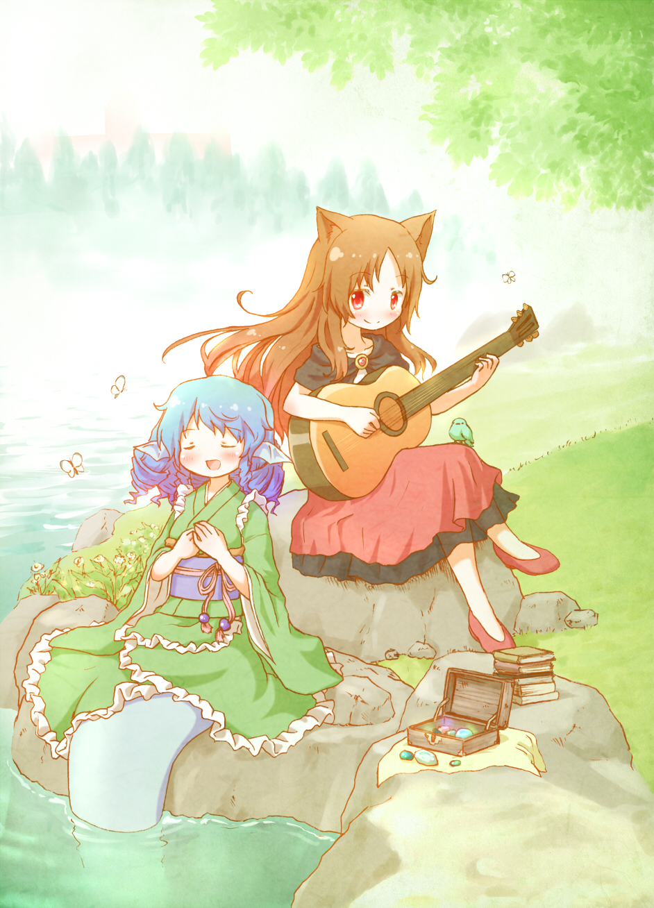 2girls, animal_ears, arinu, bird, blue_hair, blush, book, book_stack