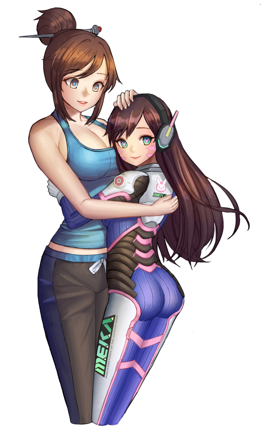 2girls, ass, bangs, beads, blue_eyes, bodysuit, breasts, brown_hair
