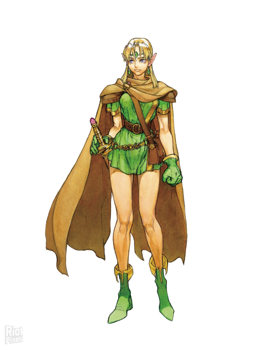 1girl, bag, bare_legs, belt, blonde_hair, boots, breasts, cape