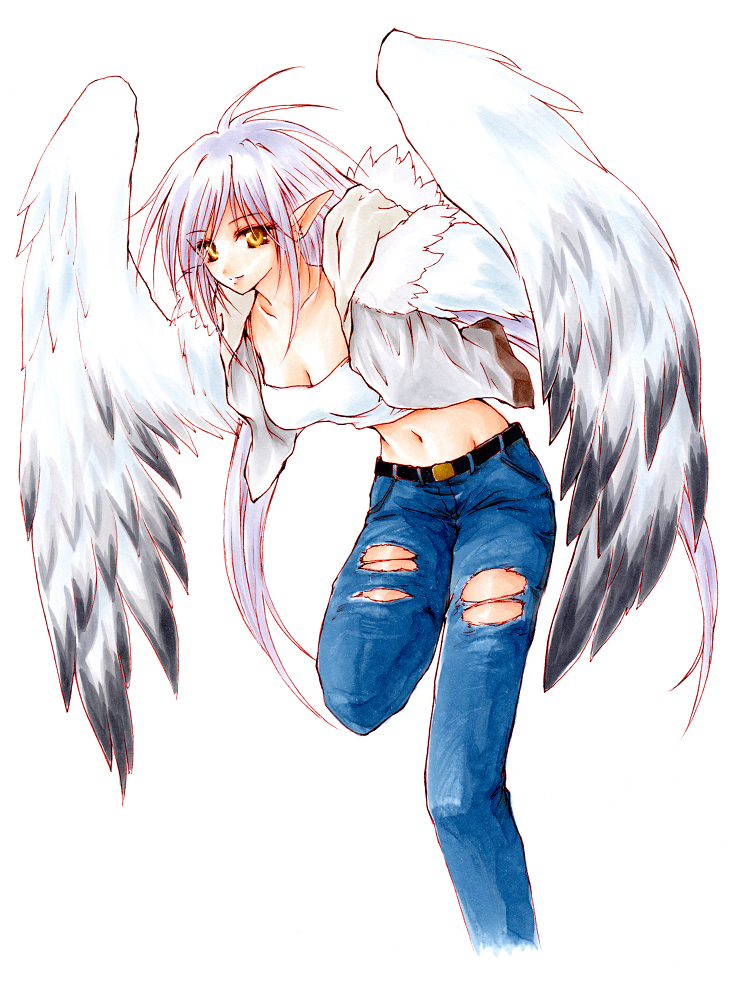 1girl, ahoge, breasts, cleavage, denim, eyes_visible_through_hair, feathered_wings, harpy