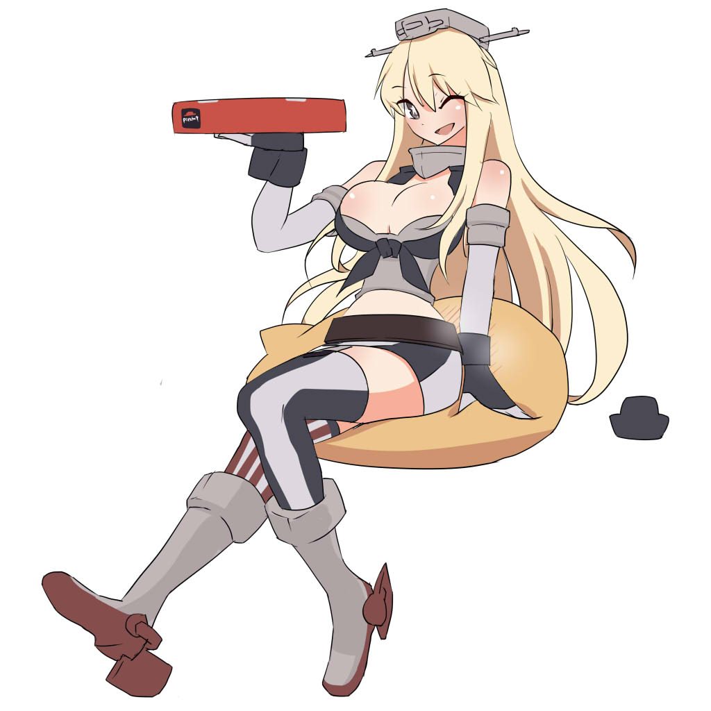 1girl, bad_id, blonde_hair, breasts, cheese-kun, cleavage, food, hair_ornament