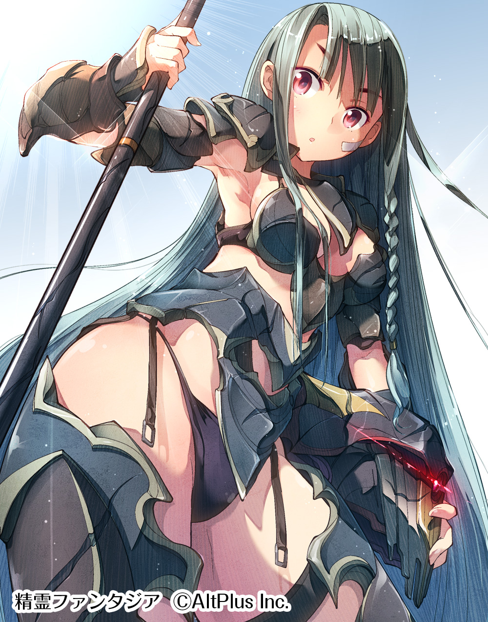 1girl, armor, bandage_on_face, bikini_armor, black_panties, braid, breasts, company_name