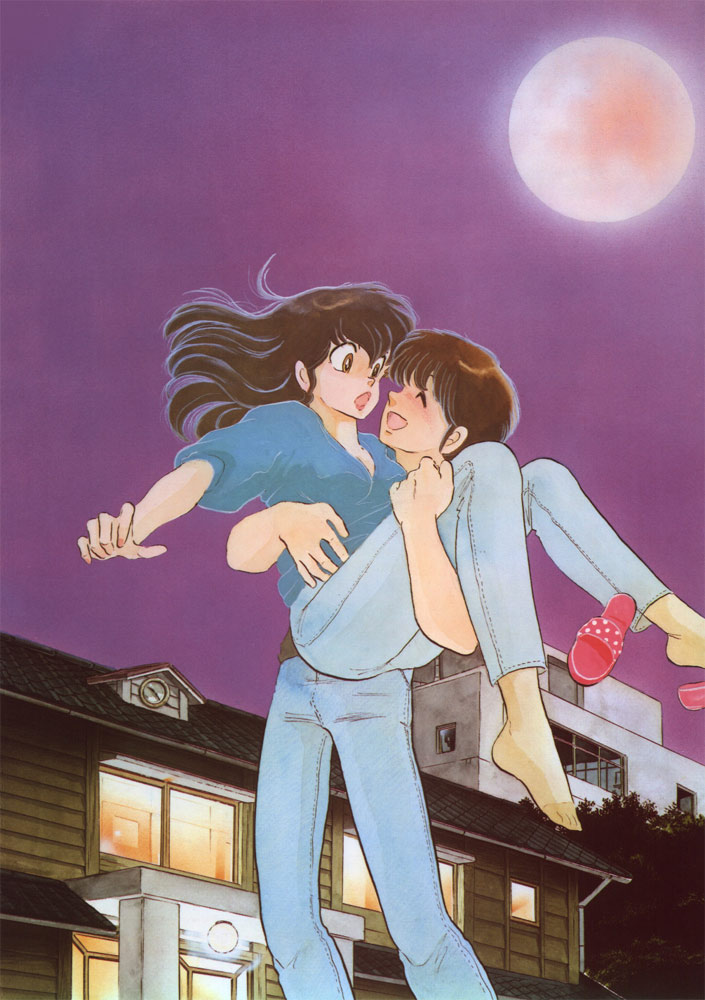 1girl, black_hair, brown_hair, carrying, closed_eyes, couple, godai_yusaku, godai_yuusaku, jeans, long_hair, maison_ikkoku, moon, night, otonashi_kyouko, princess_carry