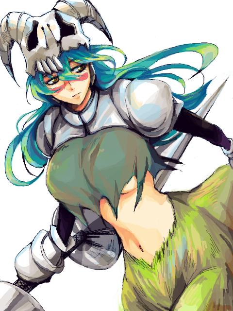 1girl, arrancar, bleach, breasts, brown_eyes, centaur, facial_mark, gloves