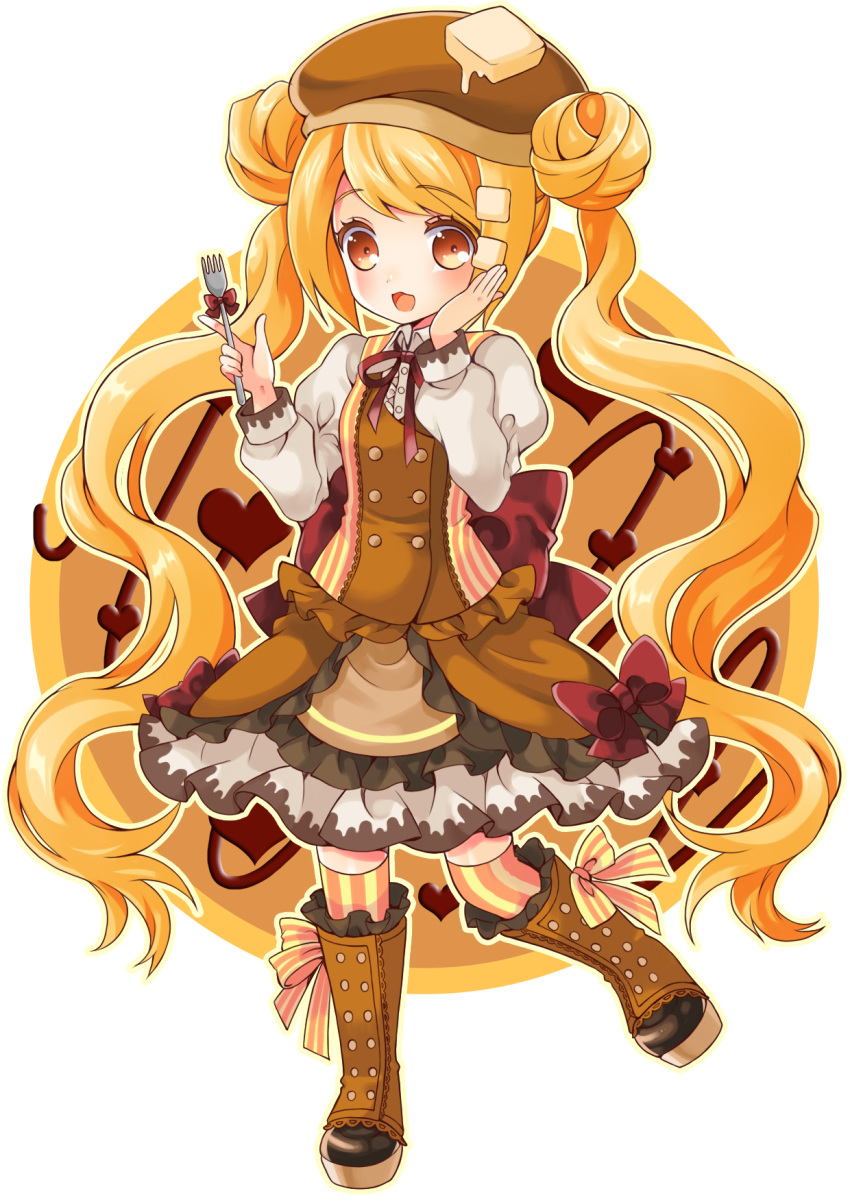 1girl, blonde_hair, boots, brown_boots, brown_dress, brown_eyes, butter, double_bun