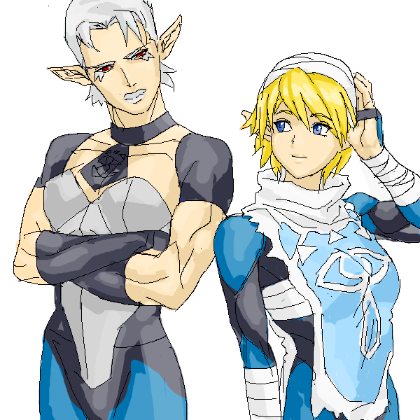 2girls, bandage, blonde_hair, blue_eyes, breasts, gloves, grey_hair, hat, impa, mask, masukishi, multiple_girls, pointy_ears, princess_zelda, sheik, short_hair, surcoat, the_legend_of_zelda, the_legend_of_zelda:_ocarina_of_time, white_background